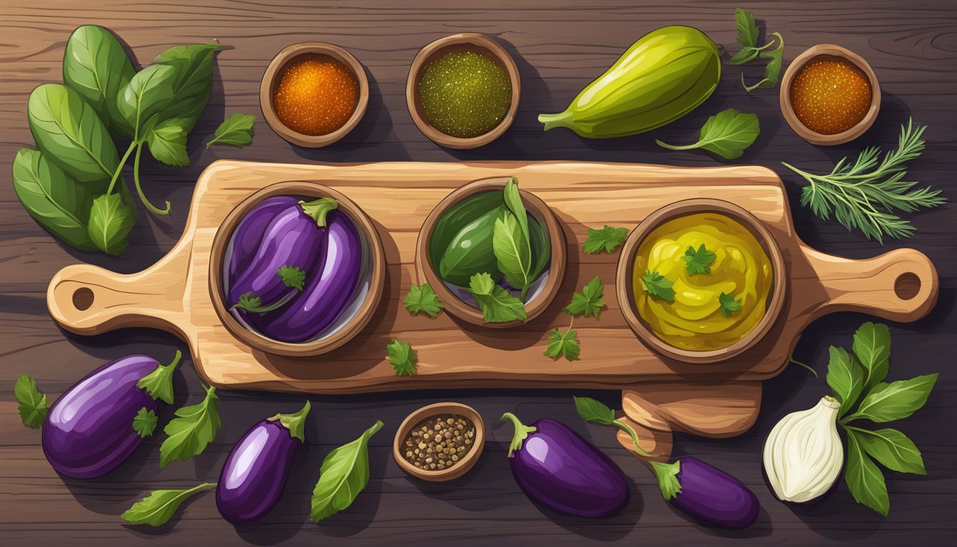 A colorful array of eggplant pickles arranged on a rustic wooden board, surrounded by vibrant herbs and spices