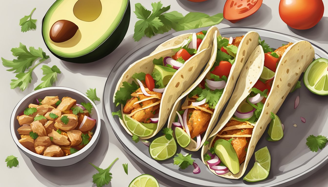 A colorful plate of chicken avocado tacos surrounded by fresh ingredients and a rotisserie chicken in the background