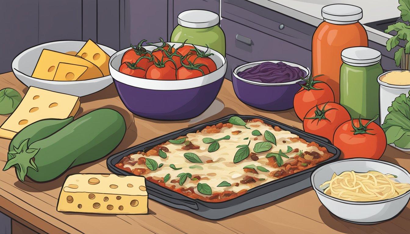 A colorful array of ingredients like eggplant, tomatoes, and cheese, arranged on a kitchen counter with a cookbook open to a page titled "Eggplant Lasagna 20 Mouthwatering Ways to Prepare Eggplant."