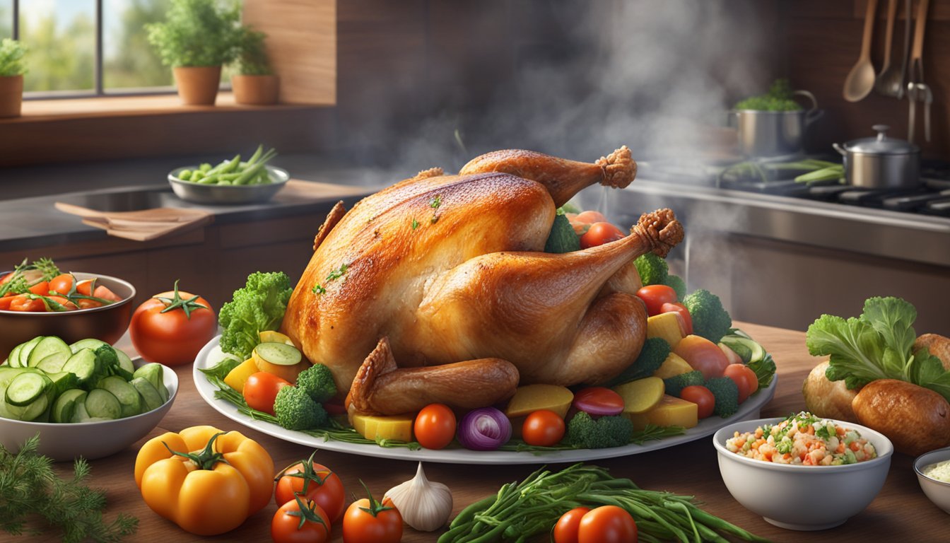 A rotisserie chicken surrounded by various fresh vegetables and herbs, with steam rising from the juicy meat