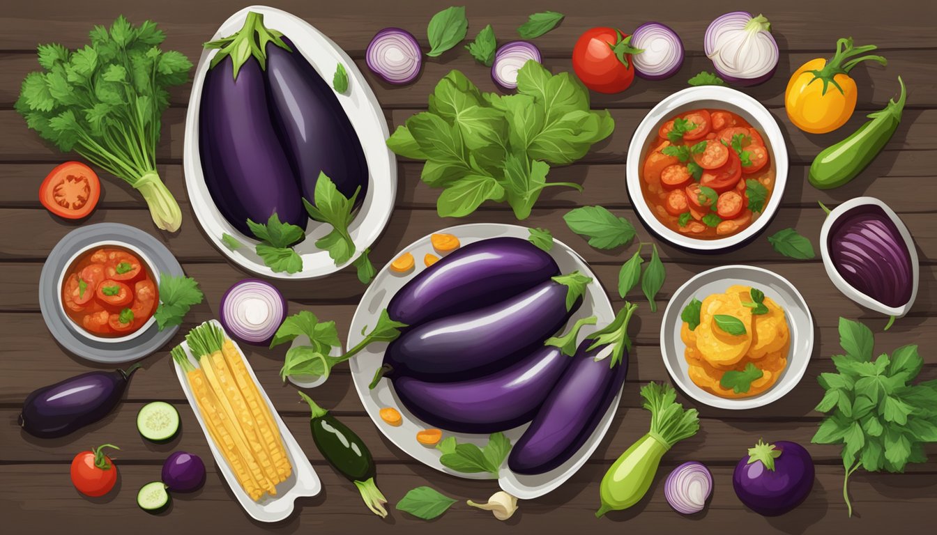 A variety of eggplant dishes arranged on a rustic wooden table, surrounded by fresh herbs and colorful vegetables