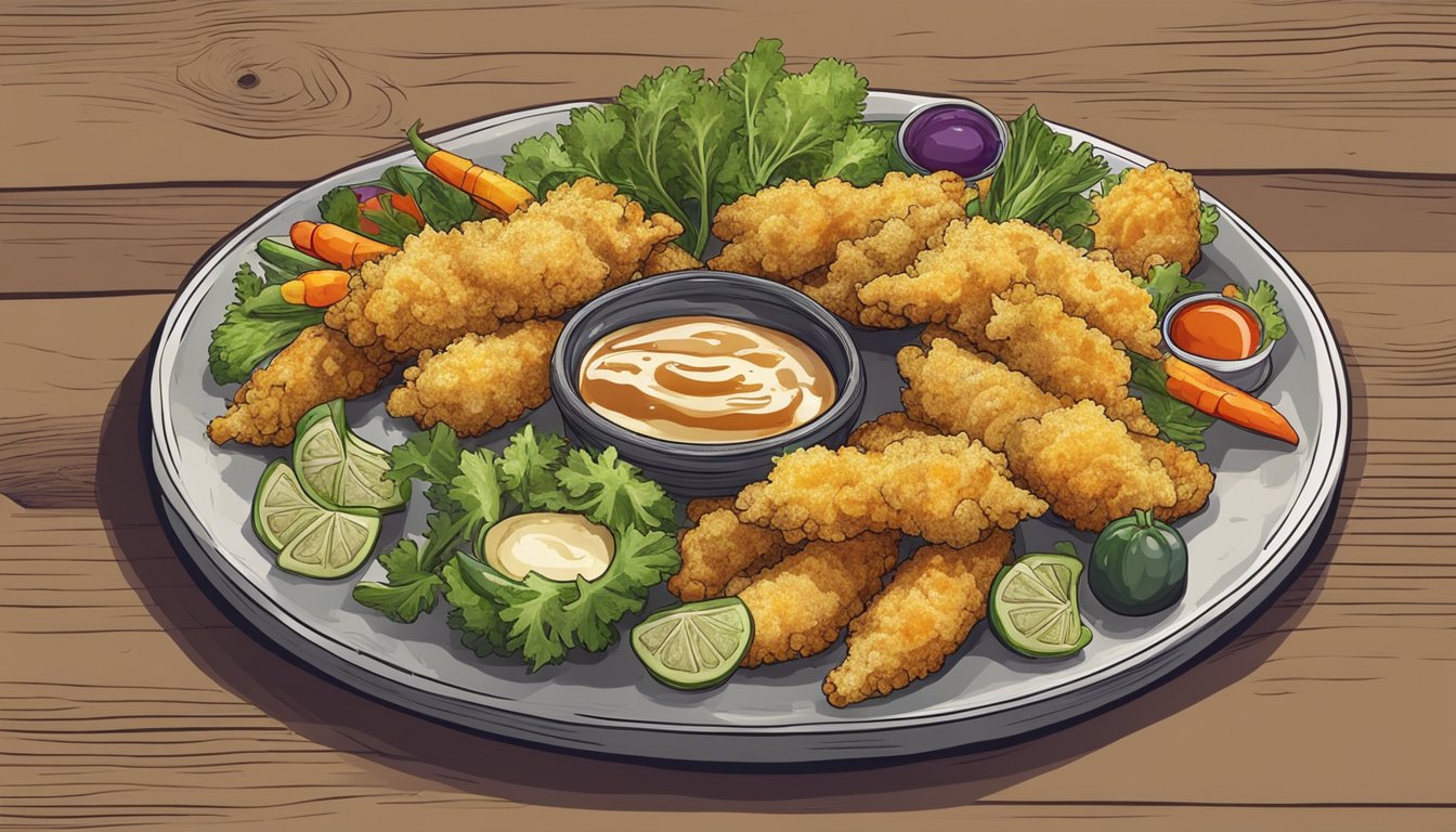 A plate of golden-brown eggplant tempura surrounded by various colorful vegetables and dipping sauces, presented on a rustic wooden serving board