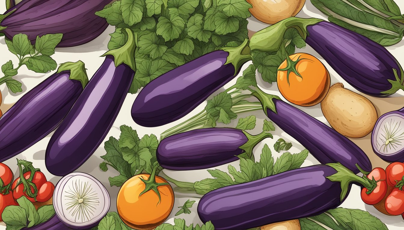 A colorful array of eggplants in various shapes and sizes, surrounded by vibrant vegetables and herbs, with a cookbook open to a recipe page