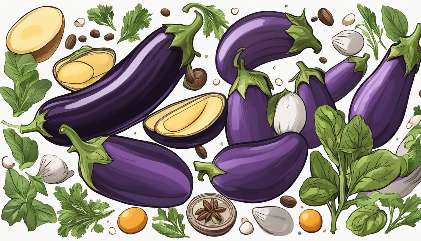 A colorful array of eggplants, sliced, diced, and arranged in various cooking techniques, surrounded by herbs, spices, and kitchen utensils