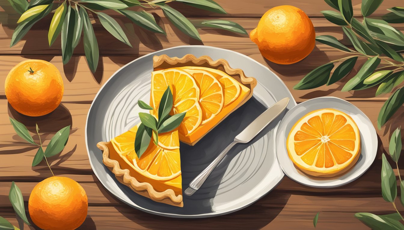 A rustic orange tart sits on a wooden table, surrounded by fresh oranges, olive branches, and a drizzle of golden olive oil