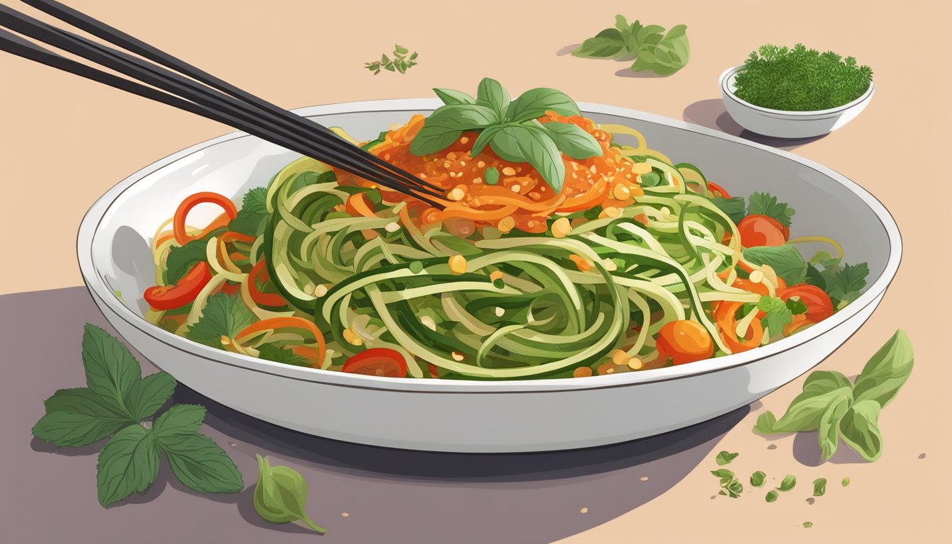 A steaming plate of zucchini noodles drenched in spicy Sriracha sauce, surrounded by vibrant vegetables and herbs