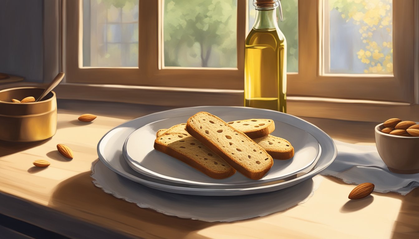 A rustic kitchen table adorned with a plate of golden almond biscotti, a bottle of olive oil, and scattered almonds. Sunlight streams through a nearby window, casting warm shadows on the scene