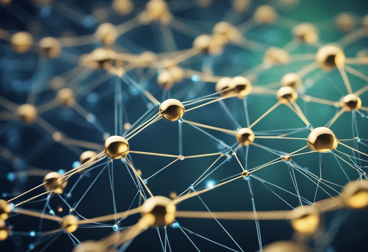 Uma rede de nós interconectados formando uma teia, com dados fluindo através e ao redor deles, representando o conceito de inteligência artificial aprendendo e evoluindo.