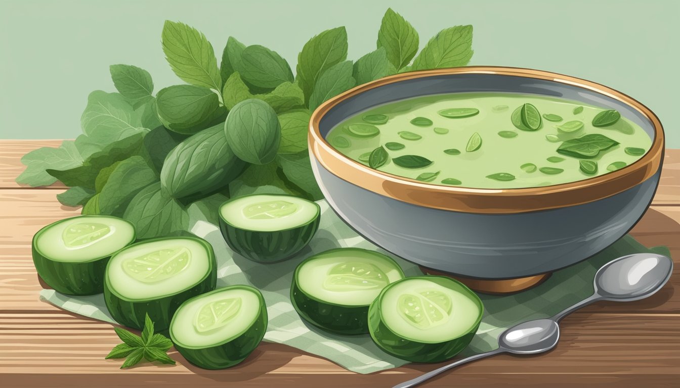 A bowl of cucumber sage soup surrounded by fresh cucumbers, sage leaves, and other ingredients on a wooden table