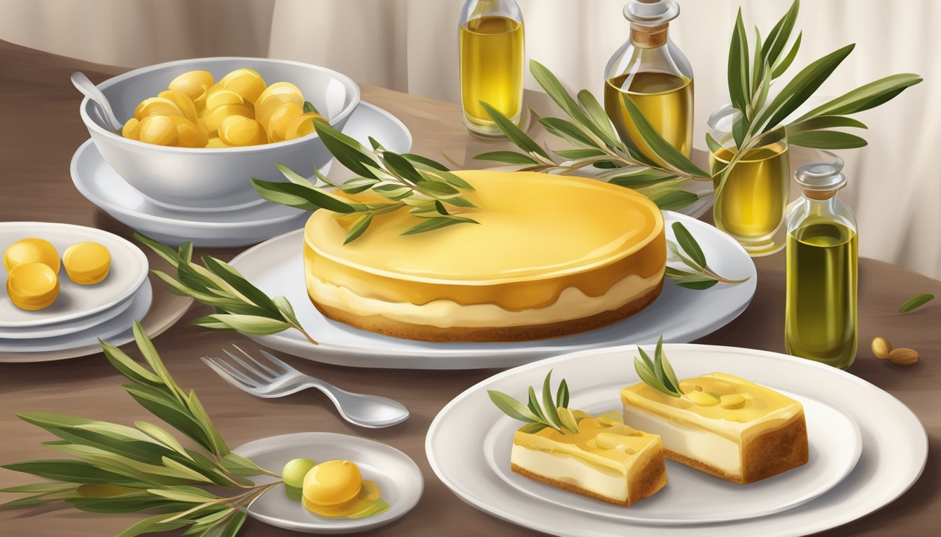 A table set with seven different desserts, each made with olive oil, surrounded by olive branches and a bottle of olive oil