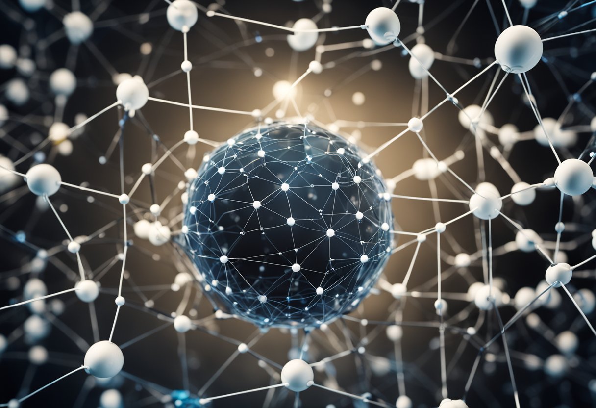 Uma rede de nós interconectados com várias formas e tamanhos, representando a complexidade e a evolução da inteligência artificial.