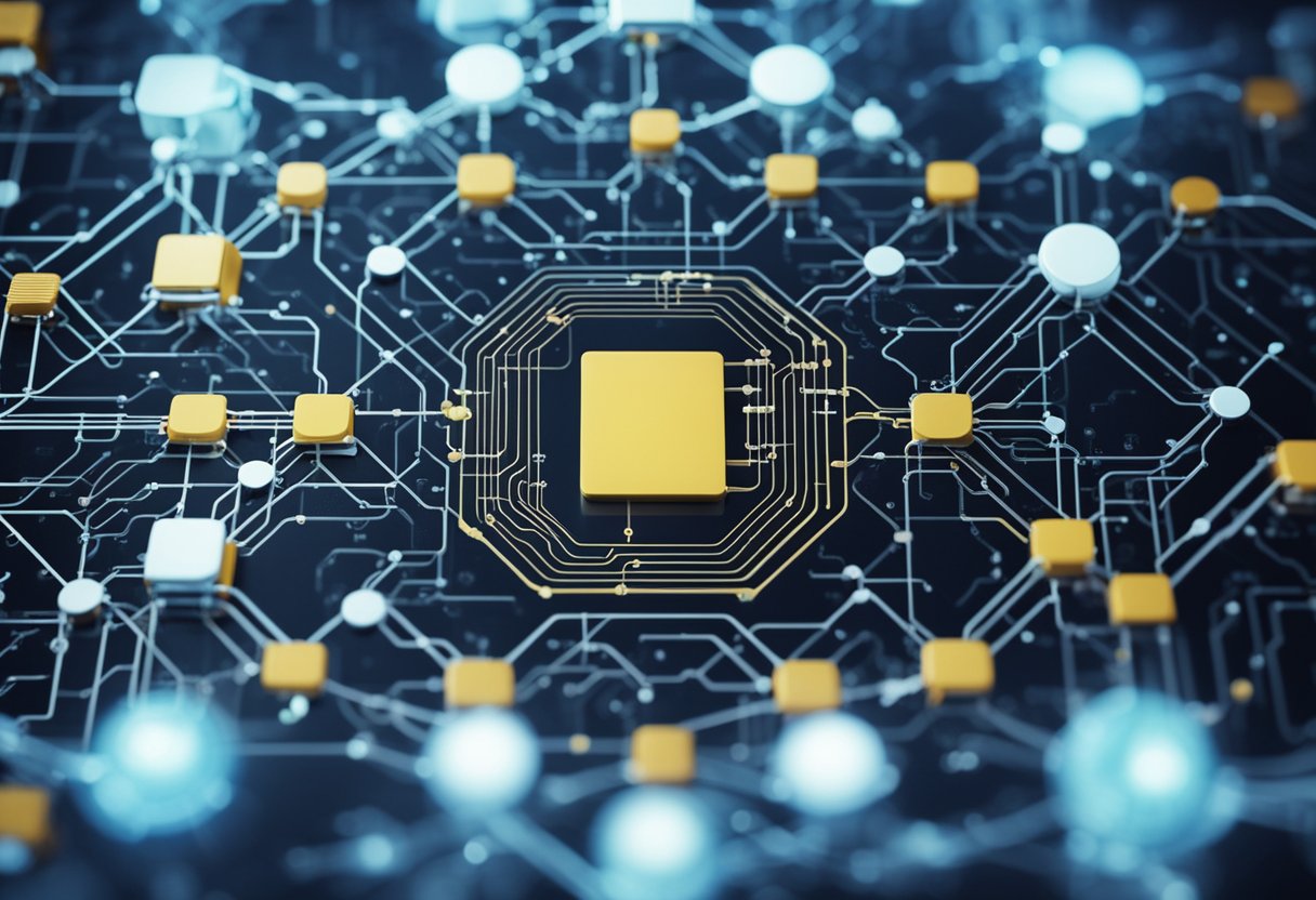 Um computador processando dados e se adaptando, cercado por nós interconectados e linhas representando o fluxo de informações em um sistema de aprendizado de máquina.