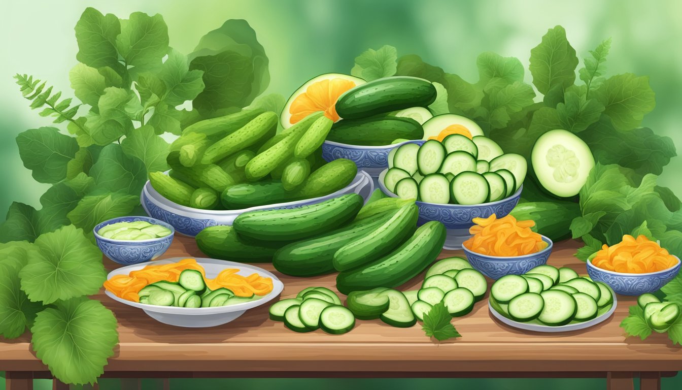 A table set with a variety of cucumber dishes, surrounded by vibrant green cucumber plants and colorful cultural decorations