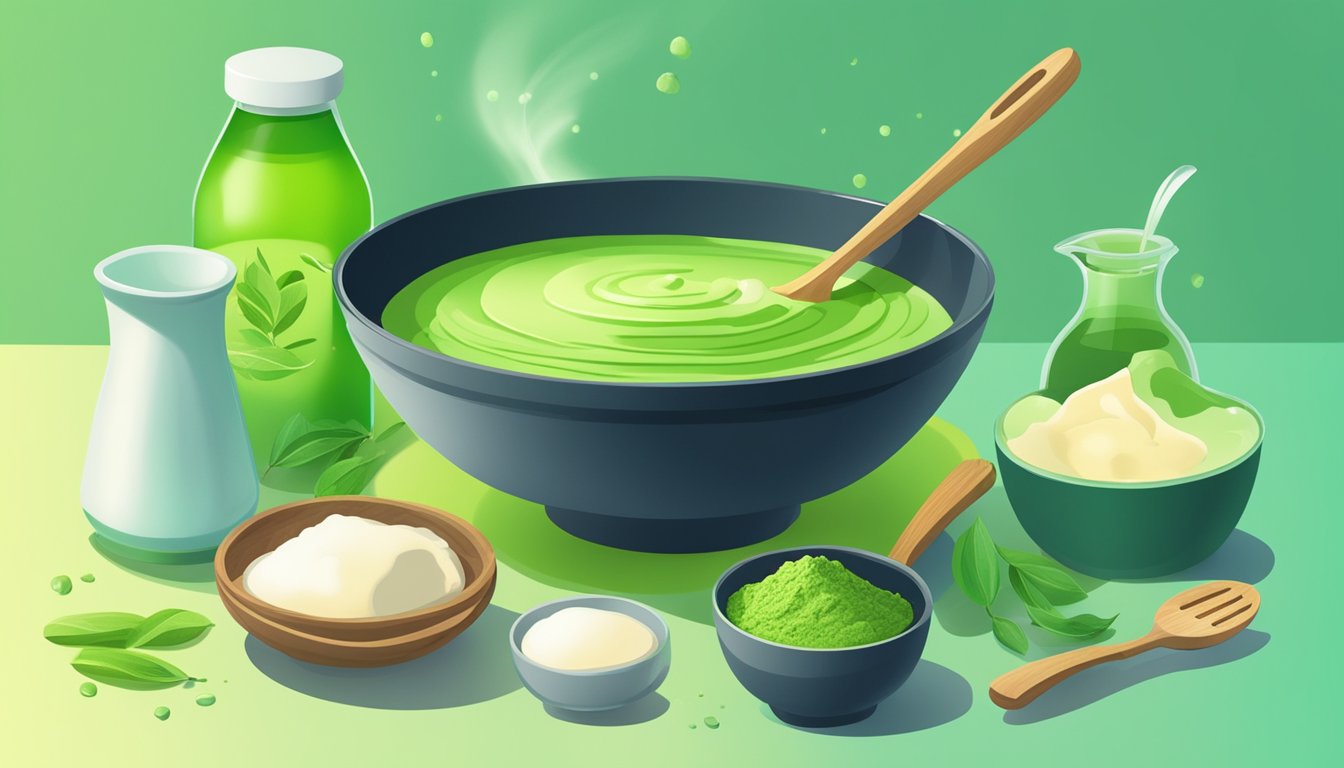 A bowl of matcha pancake batter surrounded by various cooking utensils and ingredients, with a soft green glow emanating from the mixture