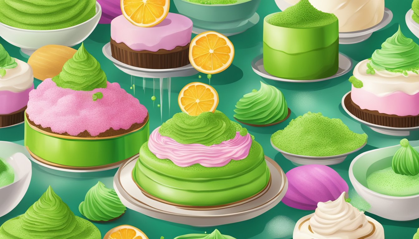 A vibrant green matcha powder being sprinkled onto a variety of desserts, including cakes, cookies, and ice cream, adding a pop of color and flavor