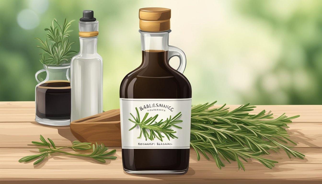 A glass bottle of Rosemary Maple Balsamic Vinaigrette surrounded by fresh herbs, balsamic vinegar, and maple syrup on a wooden table