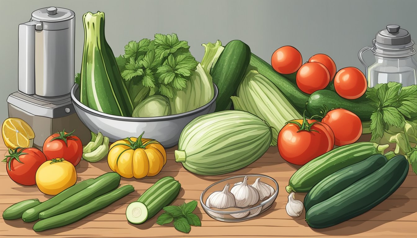 A kitchen counter with various kitchen utensils and fresh zucchinis, surrounded by ingredients such as tomatoes, garlic, and herbs, ready to be prepared into zucchini noodles