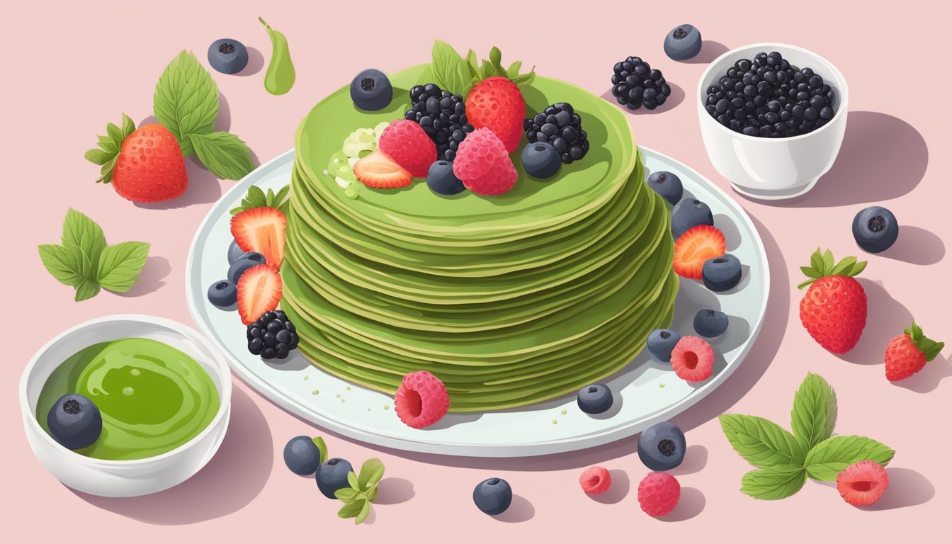 A stack of matcha crepes topped with assorted berries and surrounded by ingredients for cooking with matcha