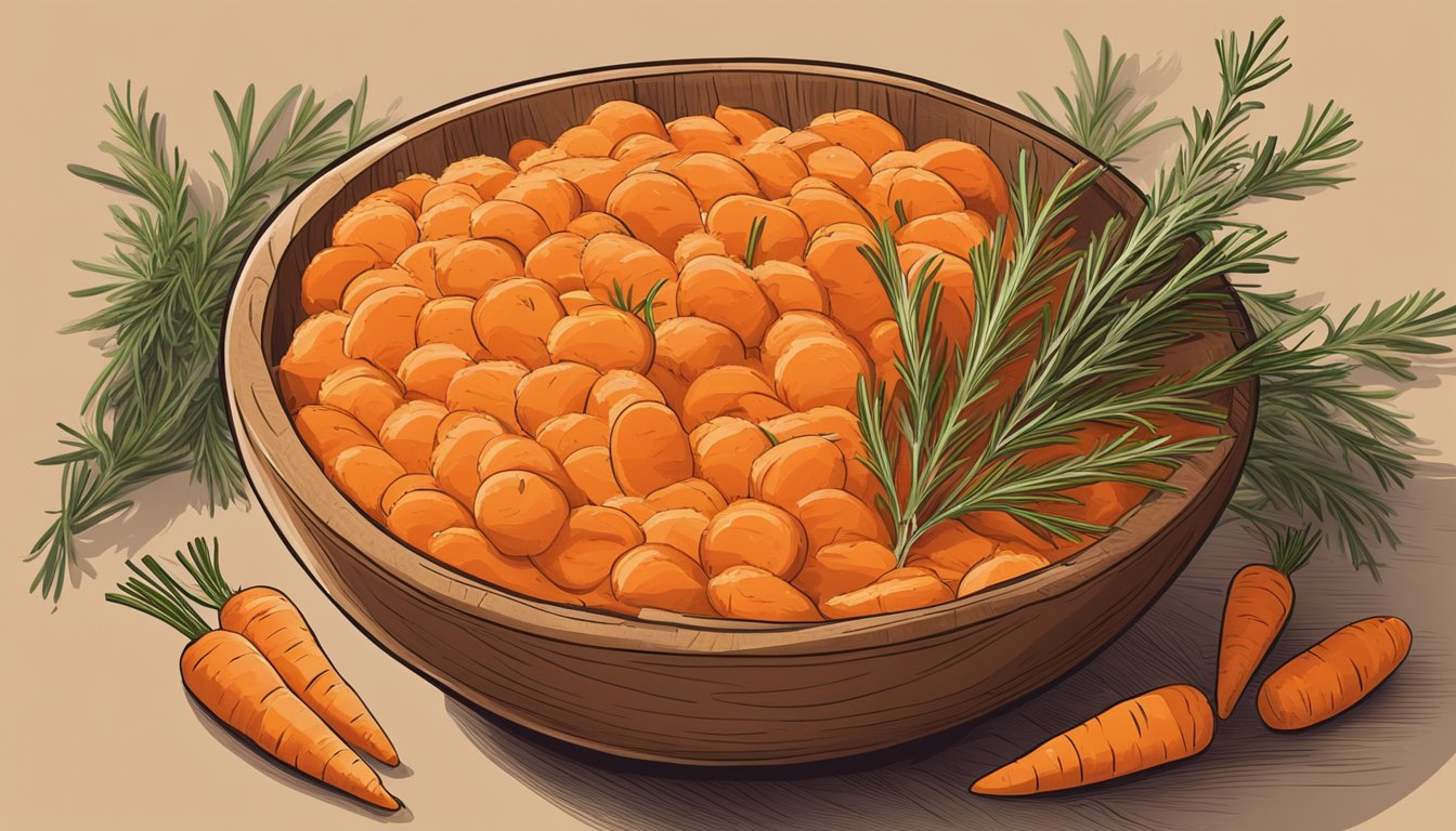 A wooden bowl filled with mashed carrots mixed with maple syrup and rosemary, surrounded by fresh carrots and sprigs of rosemary