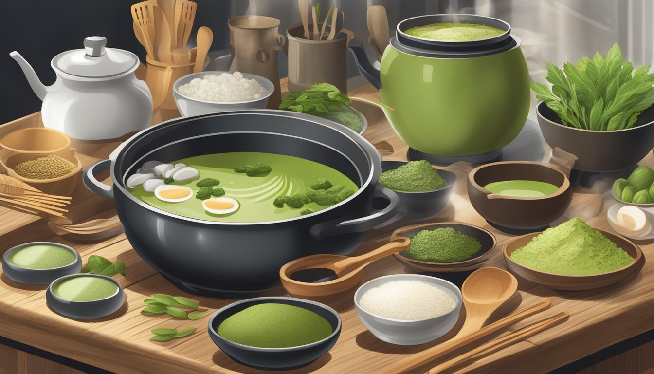 A steaming pot of savory matcha soup surrounded by various cooking utensils and ingredients on a wooden kitchen counter