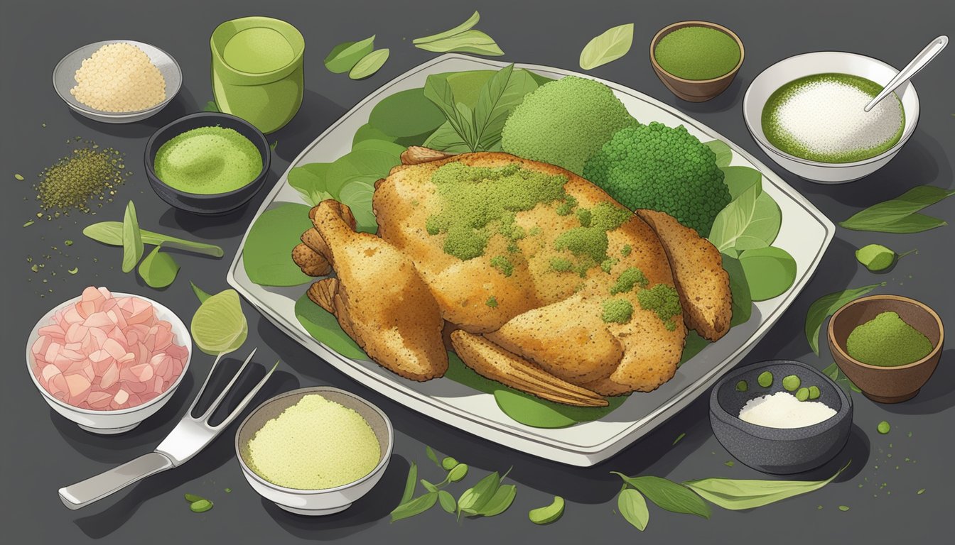 A plate of matcha-crusted chicken surrounded by various cooking ingredients and utensils