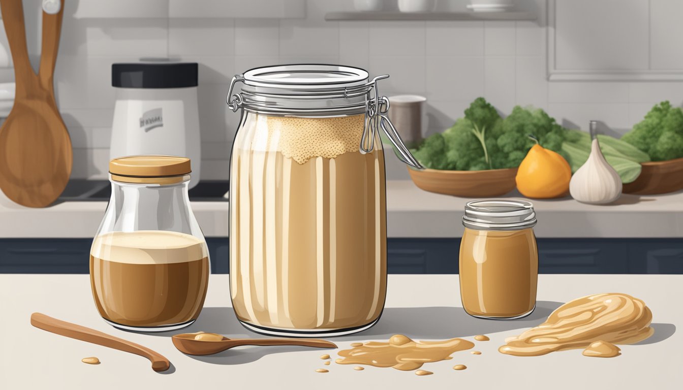 A jar of tahini sits open on a kitchen counter, with a drizzle of caramel cascading down the side. Various ingredients and utensils are scattered around, hinting at the unexpected uses for tahini