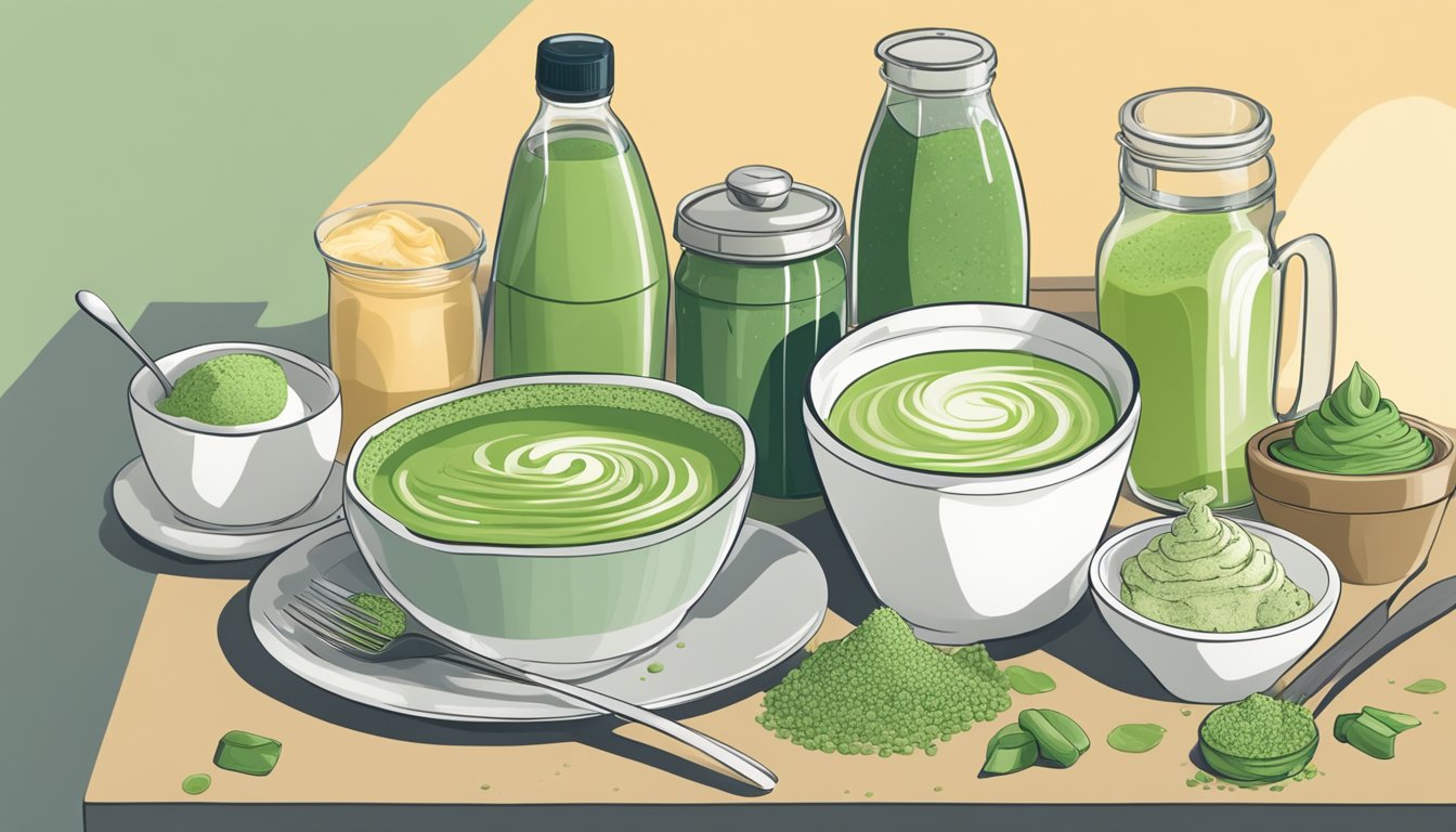 A kitchen counter with various dishes and ingredients, including a bowl of matcha powder, a matcha latte, matcha-infused pasta, and matcha ice cream