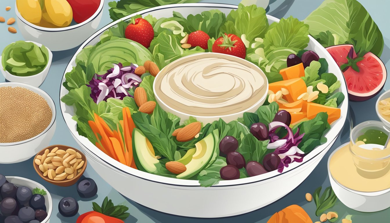 A bowl of salad with creamy tahini dressing being drizzled over it, surrounded by various ingredients like vegetables, nuts, and fruits