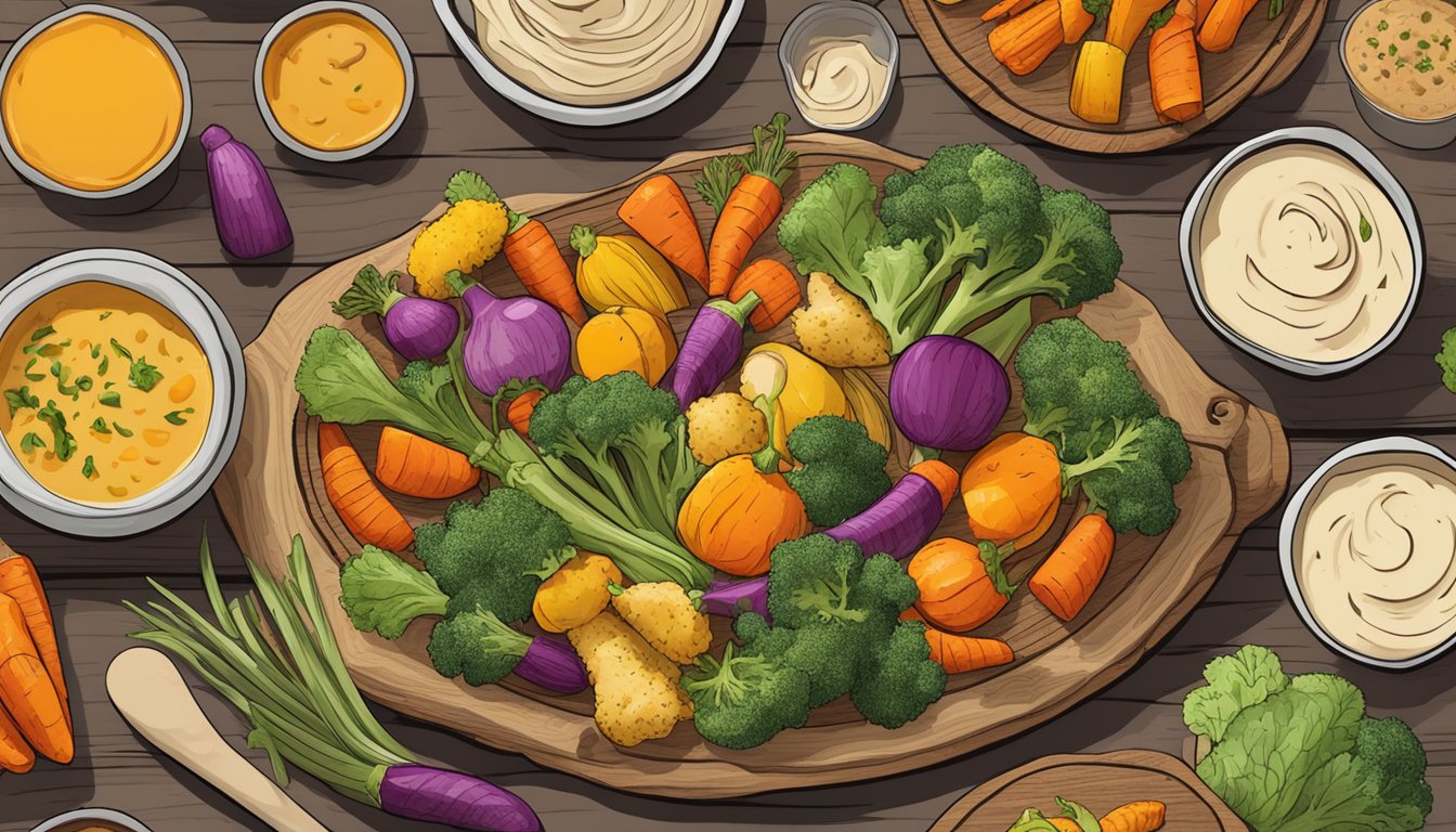 A colorful array of roasted vegetables coated in a creamy tahini-spiced sauce, arranged on a rustic wooden platter