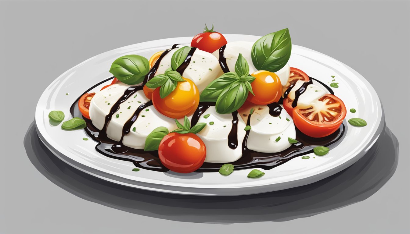 A vibrant Caprese salad with cherry tomatoes, fresh basil, and mozzarella arranged on a white plate, drizzled with balsamic glaze