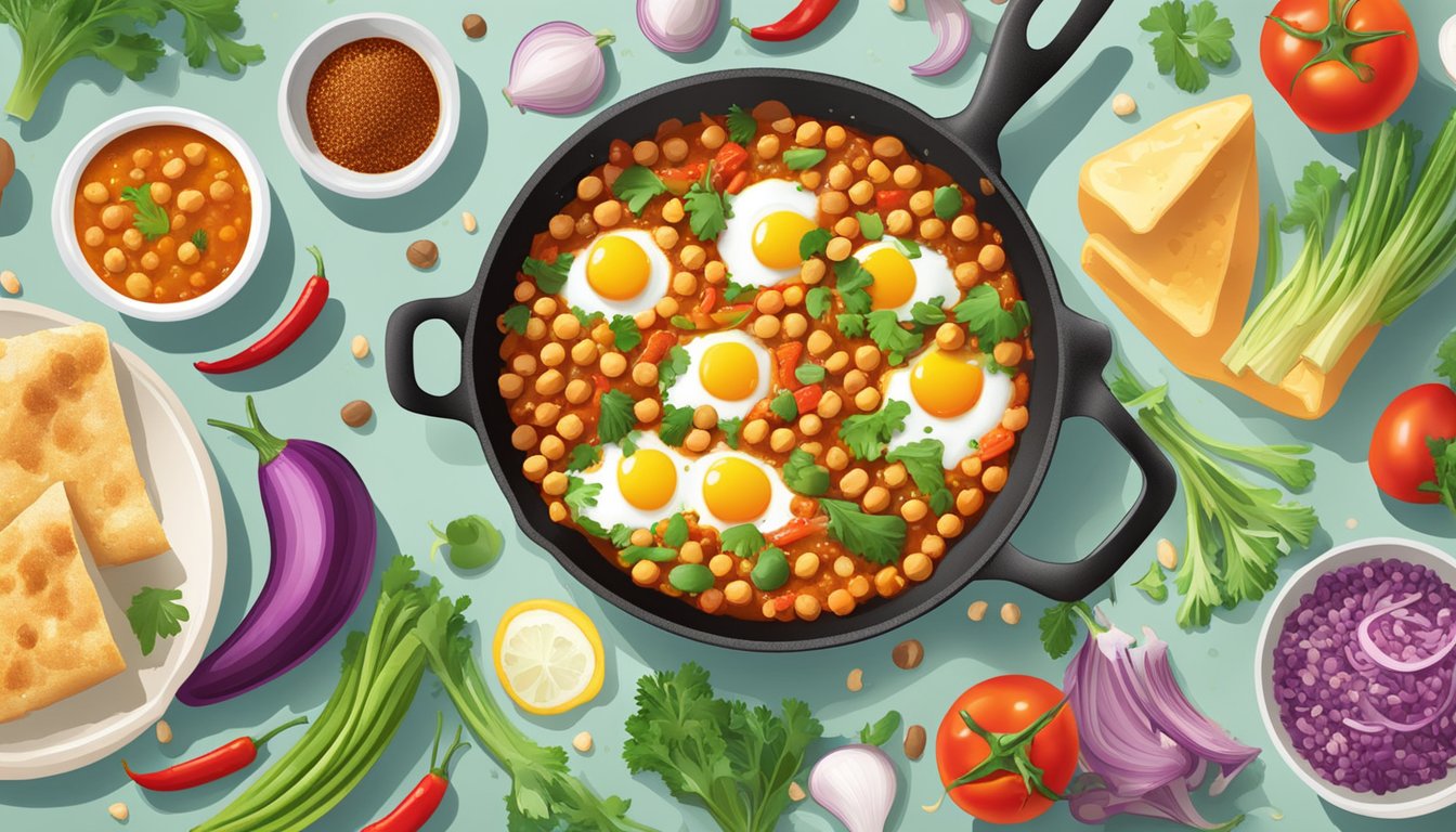 A simmering skillet of spicy chickpea shakshuka surrounded by vibrant vegetables and aromatic spices