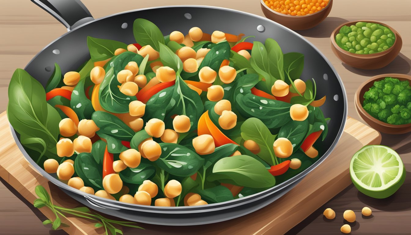 A sizzling pan of chickpeas and spinach stir fry with colorful vegetables and aromatic spices