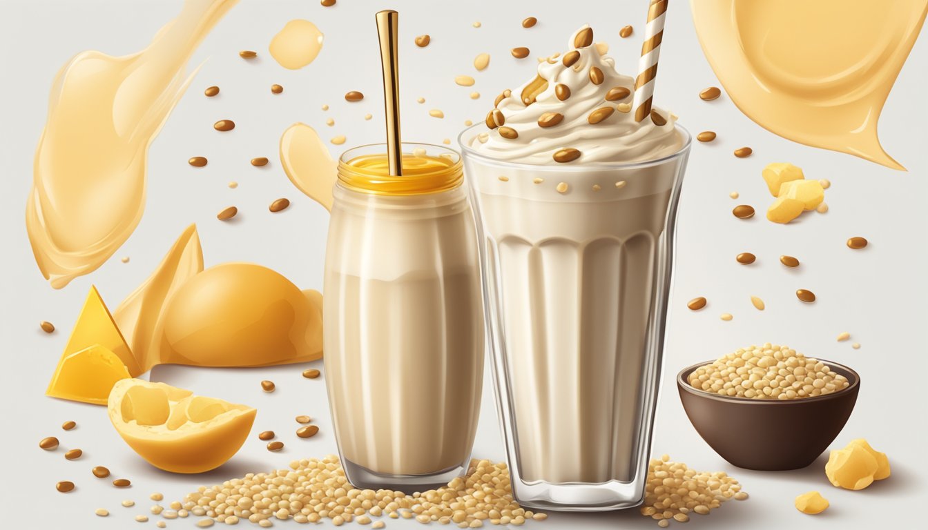 A tall glass of rich tahini milkshake surrounded by scattered ingredients like sesame seeds and a drizzle of honey, with a spoon resting on the side