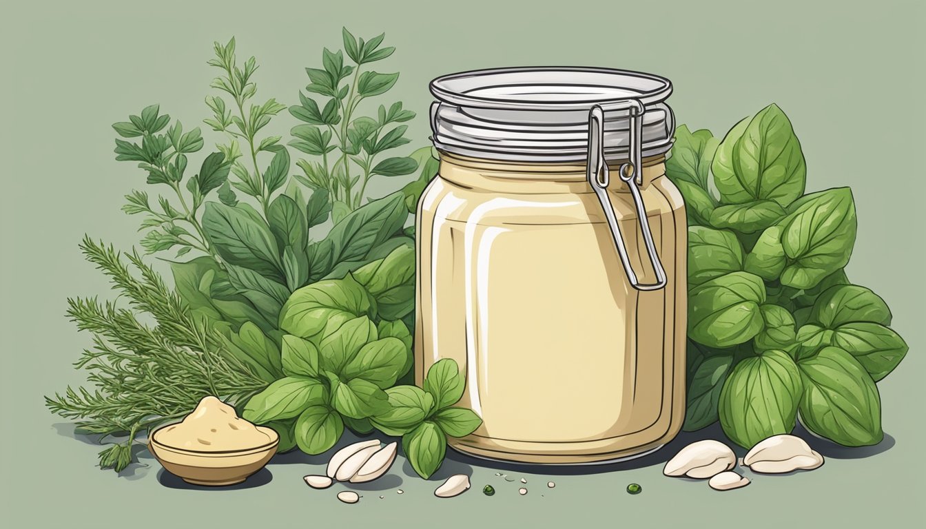 A jar of tahini surrounded by fresh herbs and pesto ingredients