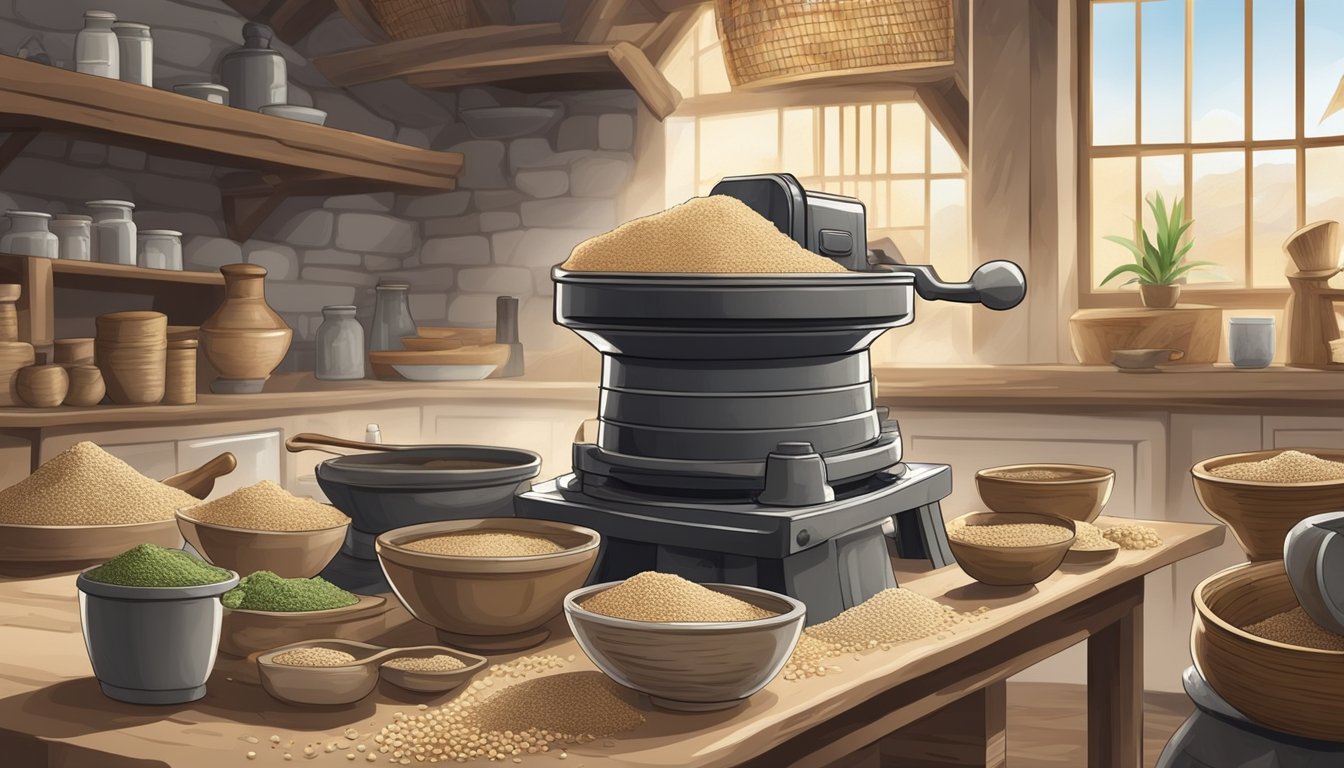 A traditional stone mill crushing sesame seeds into a smooth paste, surrounded by ancient artifacts and modern kitchen utensils