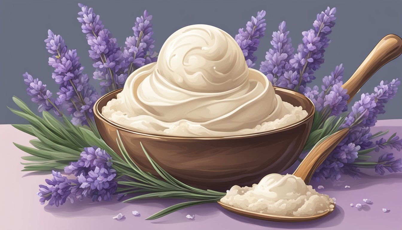 A scoop of lavender vanilla ice cream surrounded by fresh lavender flowers and ingredients for unique recipes