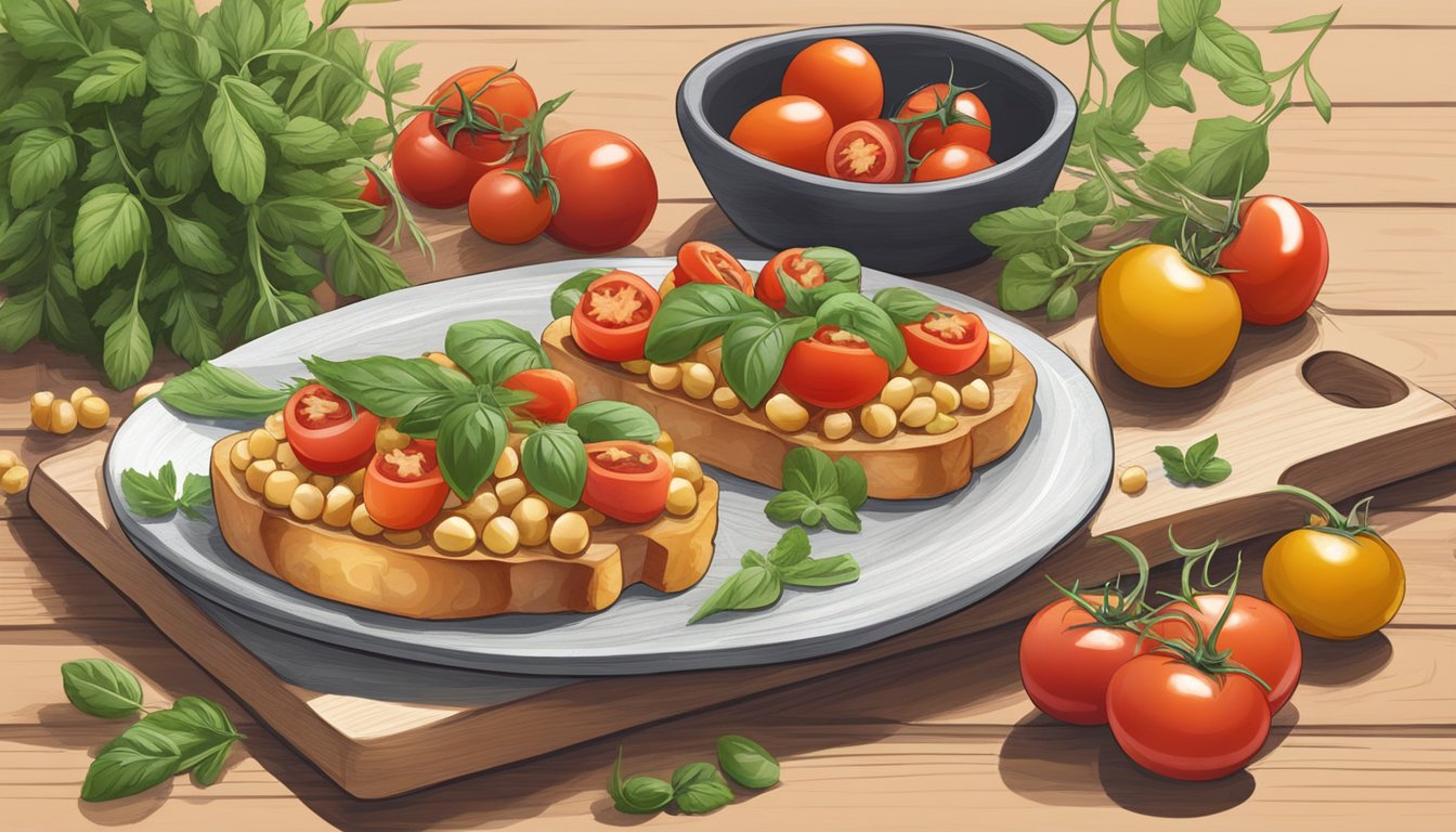 A rustic wooden cutting board topped with fresh chickpea and tomato bruschetta, surrounded by vibrant herbs and ingredients