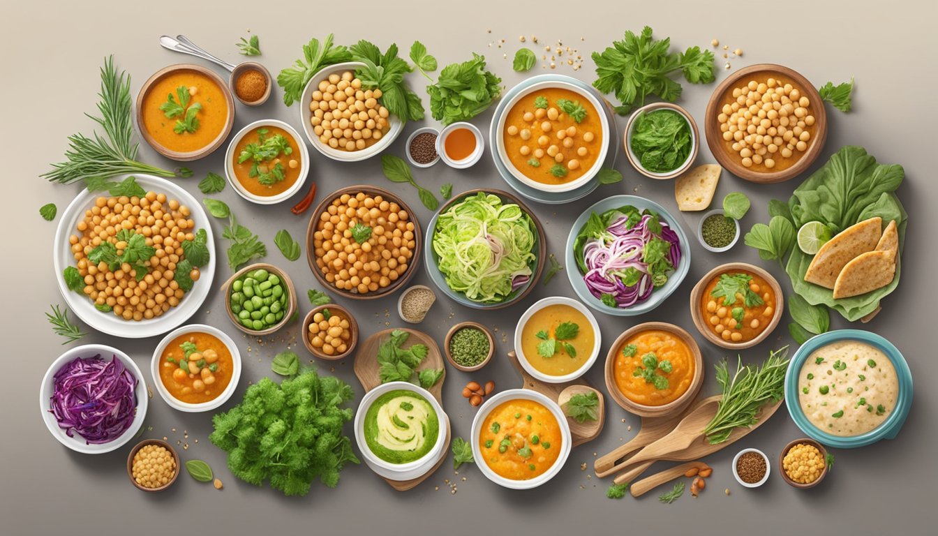 A colorful spread of 12 different dishes made with chickpeas, including salads, soups, and entrees, surrounded by fresh herbs and spices