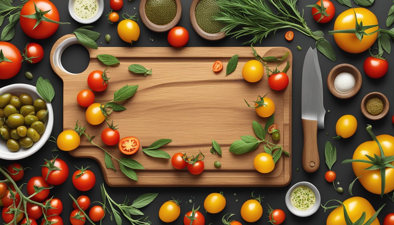 A rustic wooden cutting board with a vibrant assortment of cherry tomatoes and olives, surrounded by fresh herbs and a drizzle of olive oil