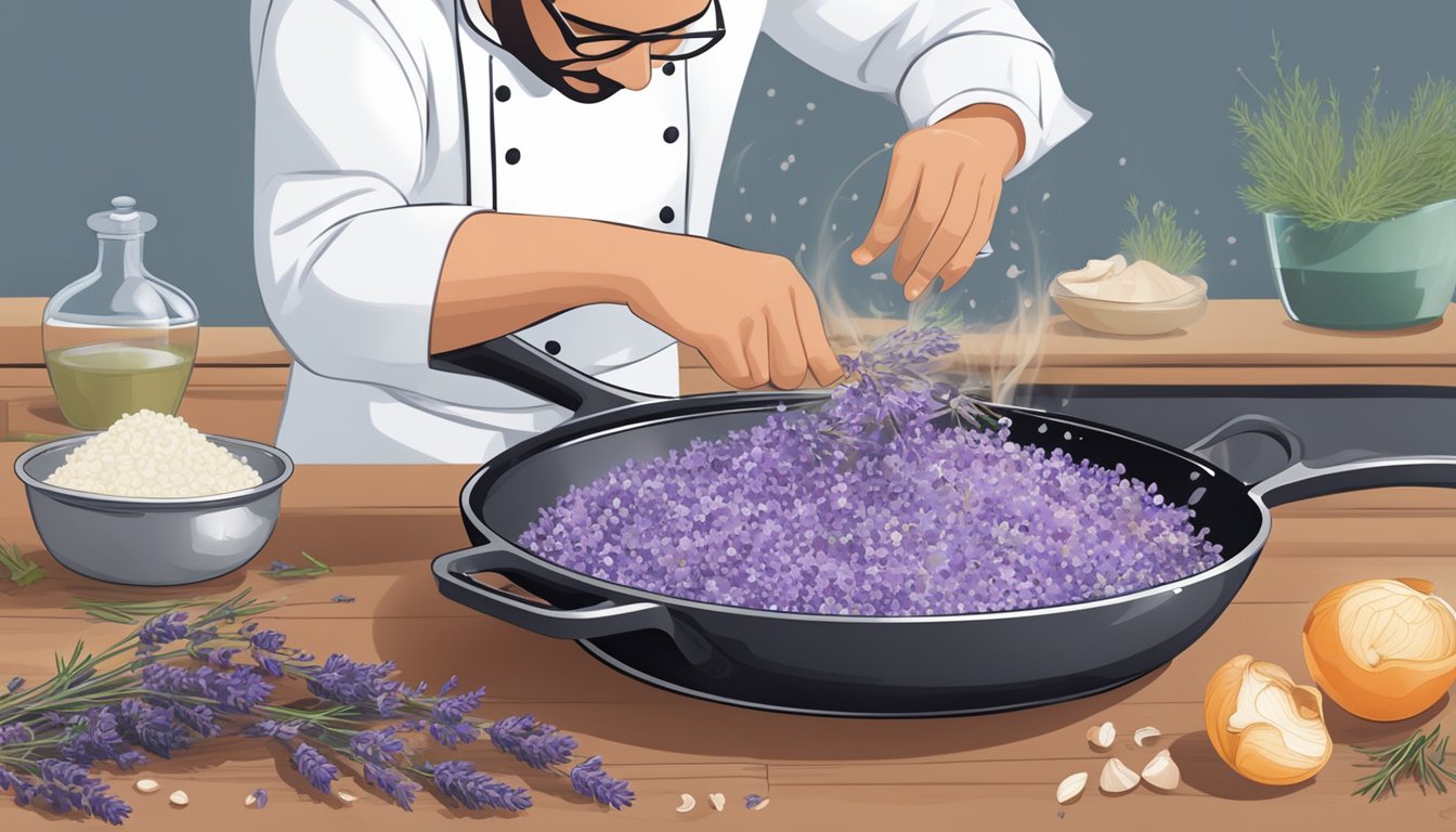 A chef adding fresh lavender to a sizzling pan of caramelized onions and garlic, infusing the air with a sweet floral aroma