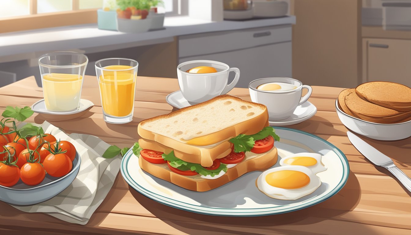 A sunny kitchen table with a plate holding a breakfast sandwich filled with cherry tomatoes and eggs, surrounded by fresh cherry tomatoes and a loaf of bread