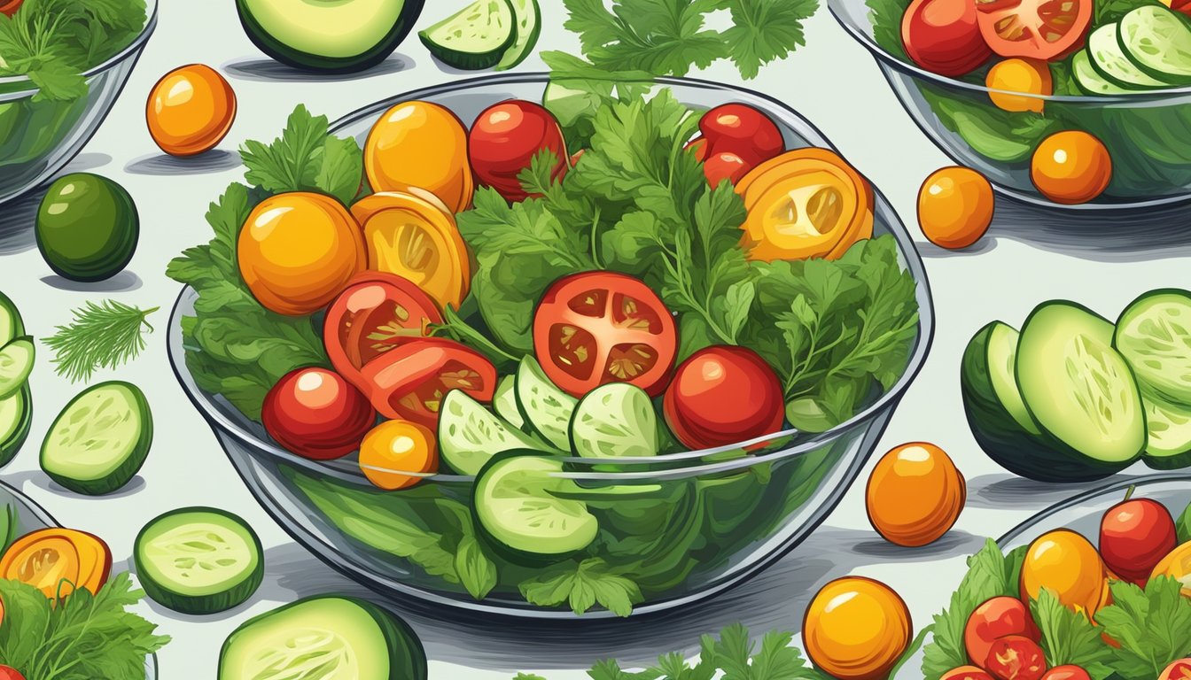 A colorful salad bowl with cherry tomatoes, sliced cucumbers, and dill, arranged in a vibrant and appetizing display