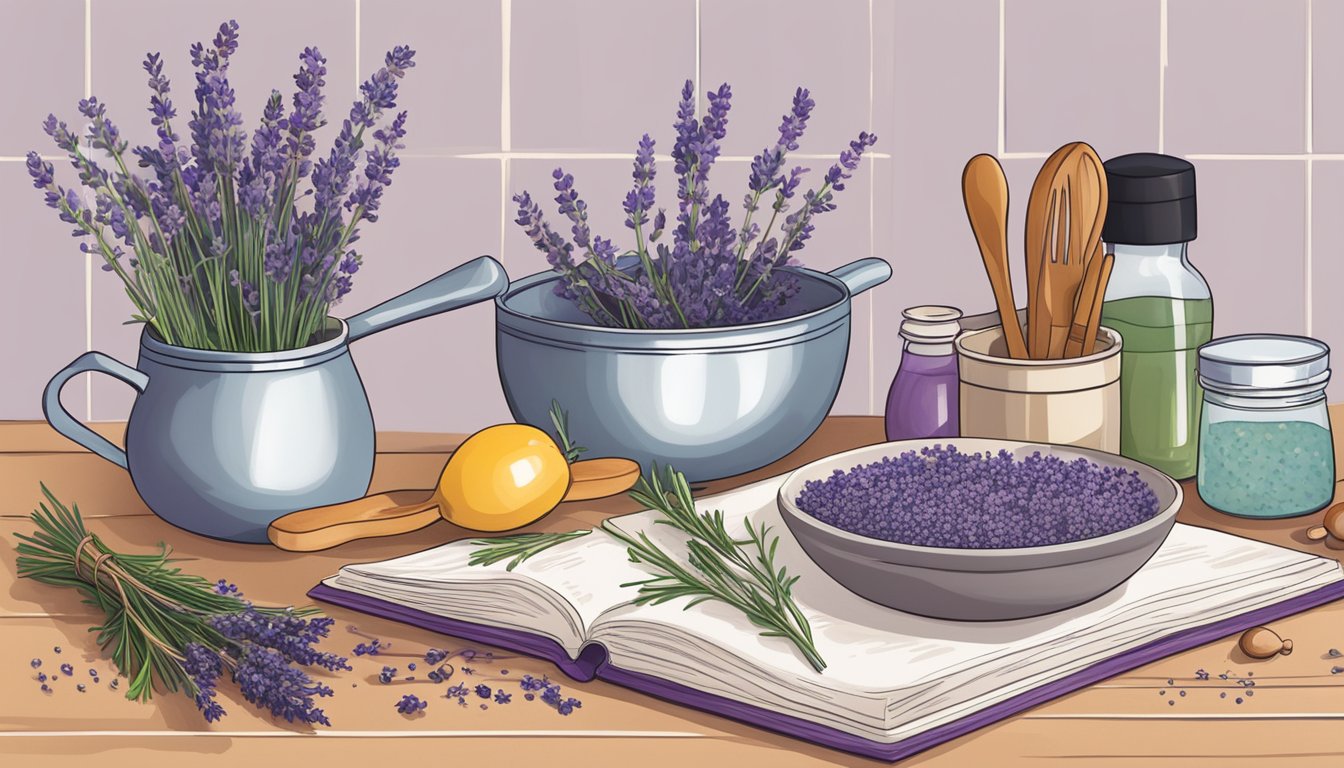 A kitchen counter with various ingredients and utensils, including fresh lavender sprigs, a mortar and pestle, and a cookbook open to a page featuring lavender recipes