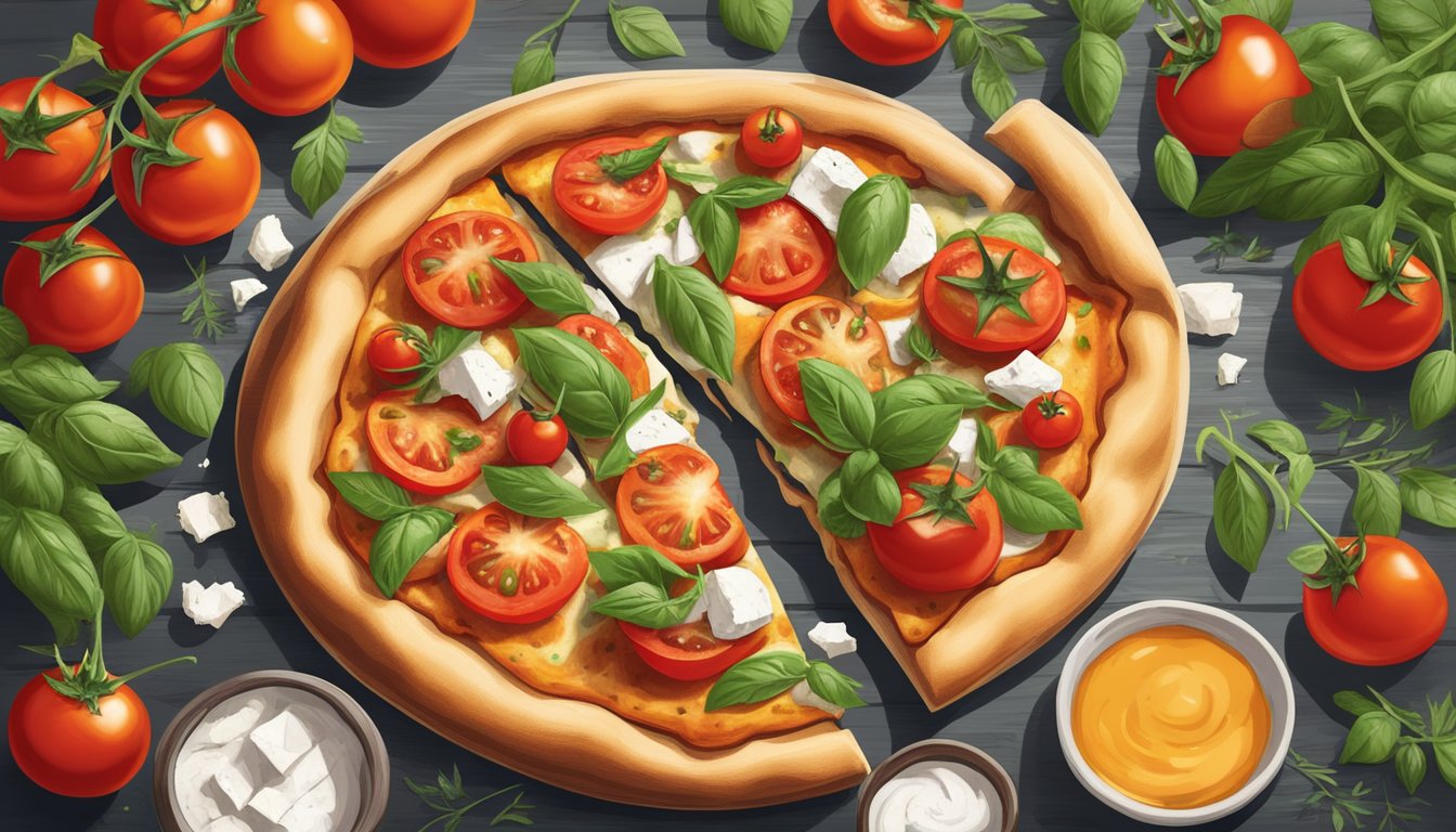 A rustic wooden table with a freshly baked cherry tomato and goat cheese pizza surrounded by vibrant cherry tomatoes and fresh herbs