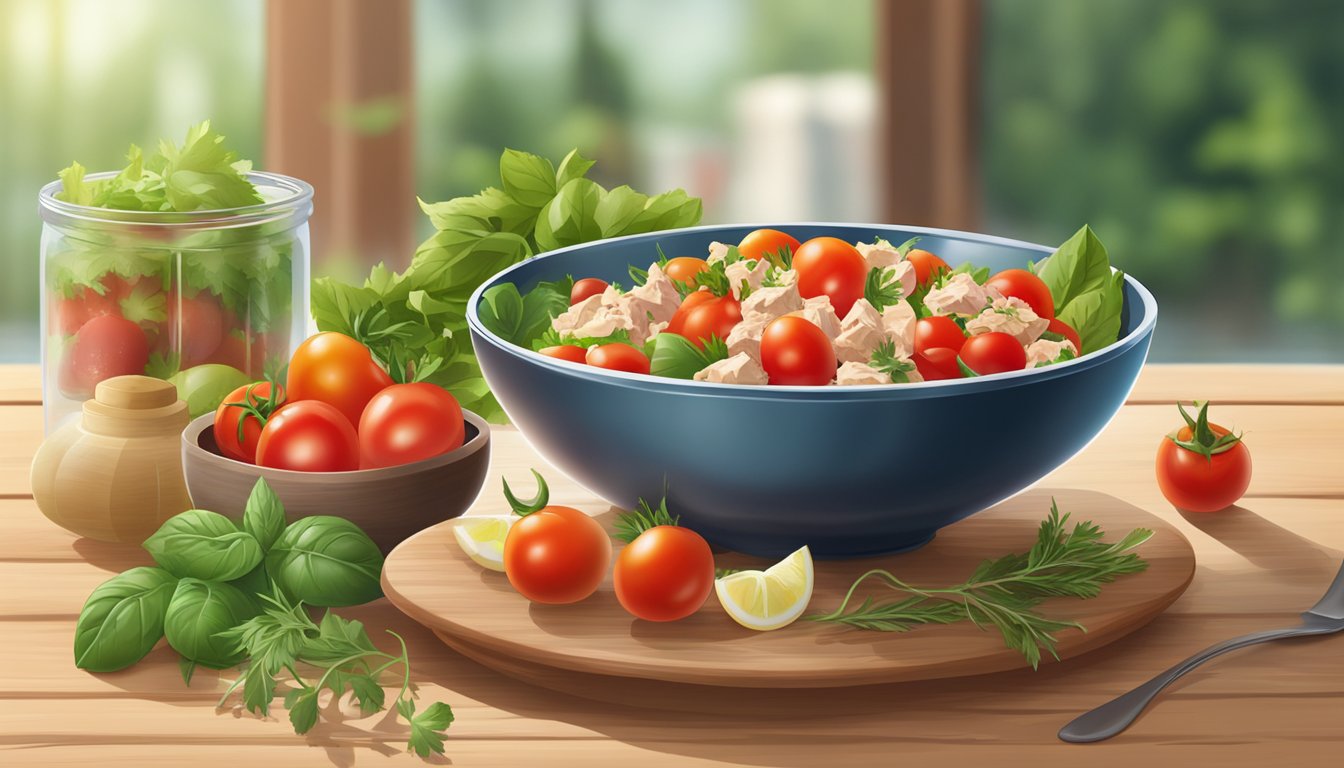 A bowl of cherry tomato and tuna salad surrounded by fresh ingredients and herbs on a wooden table