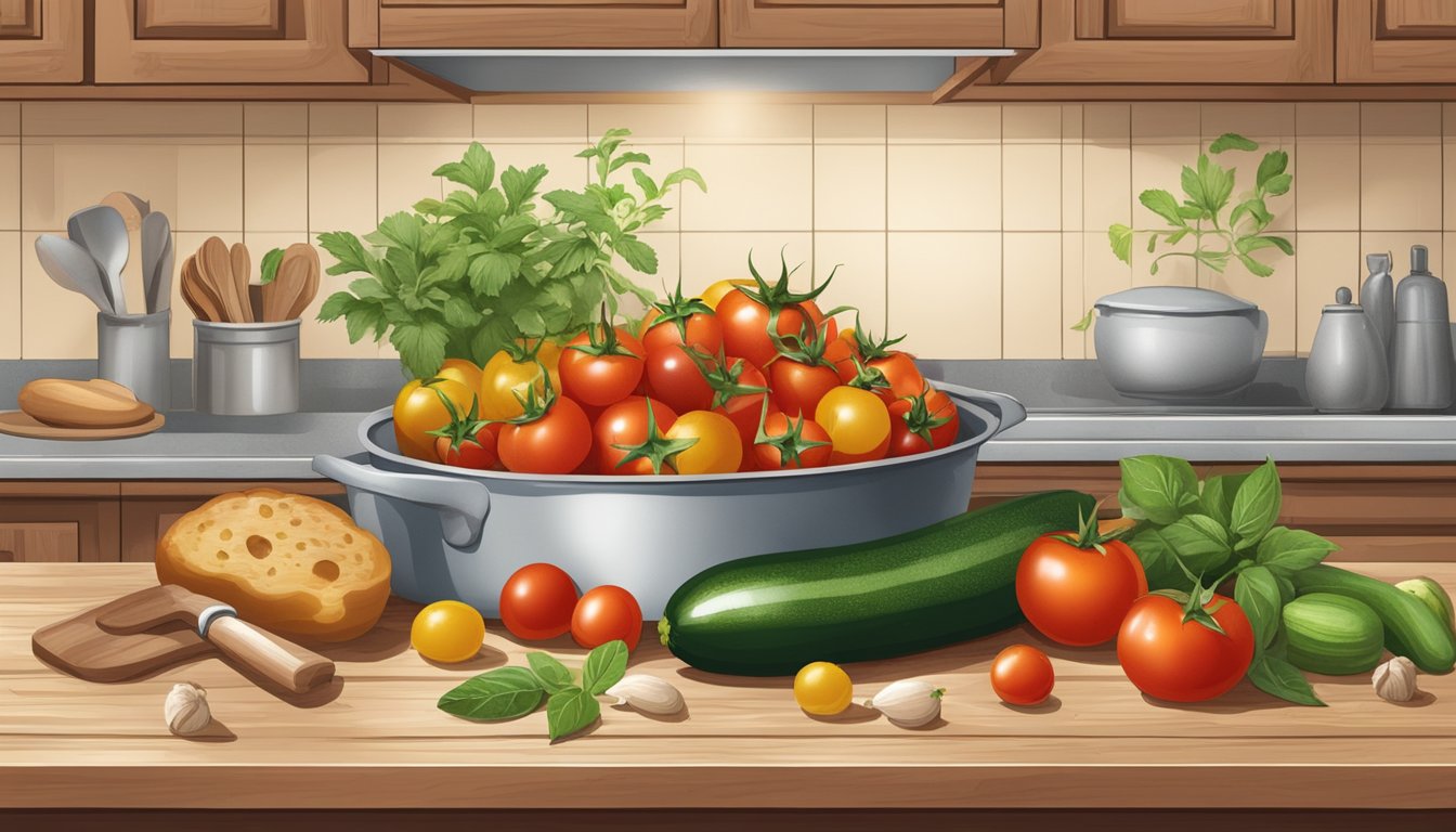 A rustic kitchen counter with a baking dish filled with cherry tomatoes and zucchini, surrounded by fresh herbs and spices