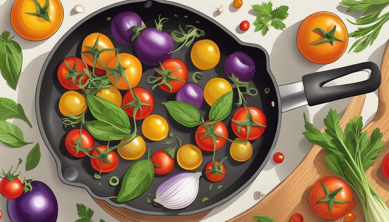 A colorful array of cherry tomatoes, eggplants, and onions being sautéed in a skillet, with fresh herbs and spices scattered nearby