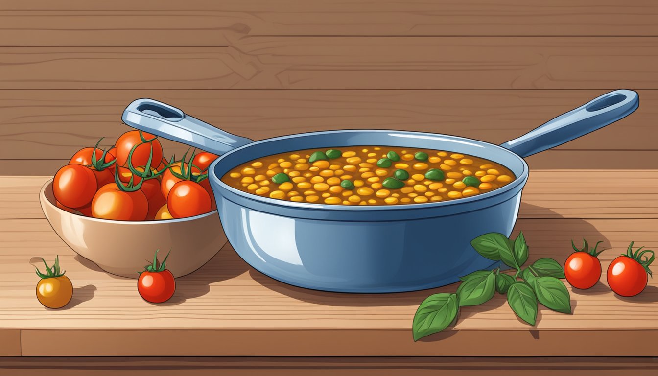 A pot of simmering lentil dal with cherry tomatoes scattered on a wooden cutting board. A bowl of vibrant cherry tomatoes sits nearby