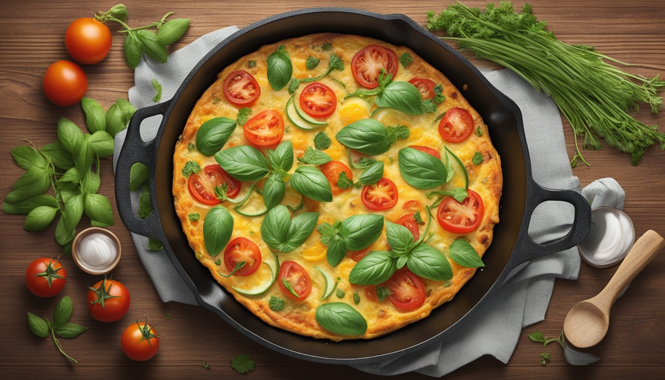 A colorful cherry tomato frittata sizzling in a cast iron skillet, surrounded by fresh herbs and other ingredients on a rustic wooden table