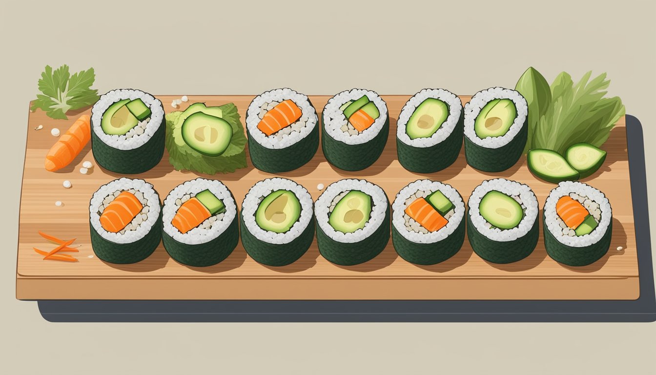 A colorful array of quinoa avocado sushi rolls arranged on a wooden serving platter, surrounded by vibrant, fresh ingredients like cucumber, carrot, and sesame seeds